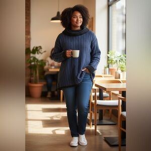 Talbots Textured Knit Sweater Blue Black Cowl Neck Women’s XL | Cozy Cotton